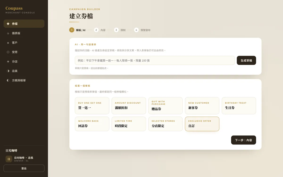 建券精靈：一句話描述活動的 AI 輸入框，下方是買一送一、滿額折扣等九個券型模板