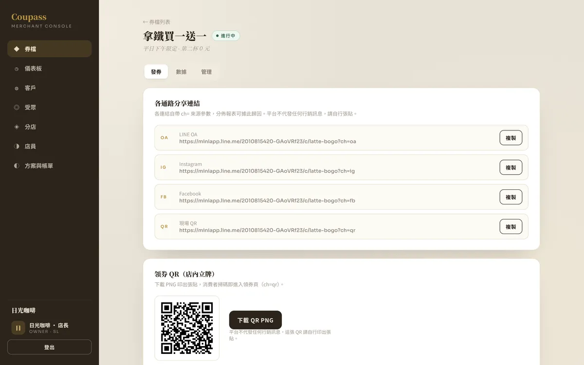 券檔詳情的發券分頁：官方帳號、Instagram、Facebook、現場 QR 四條專屬連結，以及可下載的領券 QR